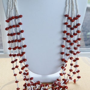 Pretty Vintage White Glass Seed Bead, Red Wooden Bead Multi-Strand Necklace, 55&quot;