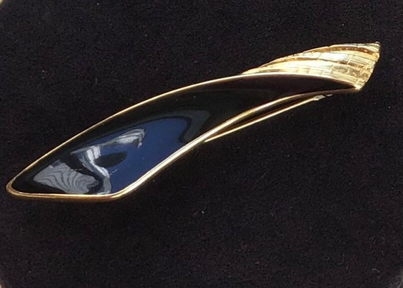 TRIFARI Black Enamel, Gold tone Abstract Brooch, … - image 2