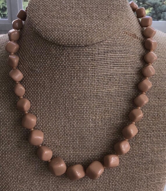 Putty Beige Plastic Beaded Necklace, Vintage (E15) - image 1