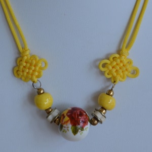 Asian Burgundy Floral Rose Porcelain Bead, Yellow Cord Necklace, 16&quot; (M10)