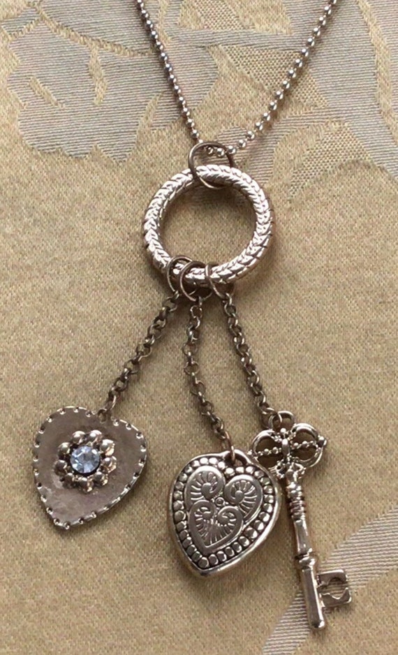 Gold tone Hearts, Key Pendant Necklace, 30”-33”, V