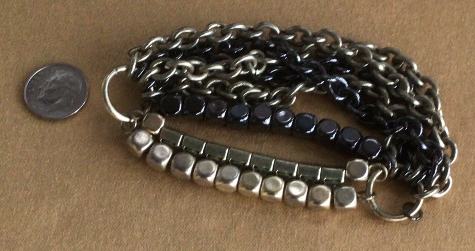 Rhinestone, Gray, Brass Elastic Chain Bracelet, Large Rhinestone, Gray, Brass Elastic Chain Bracelet, Large