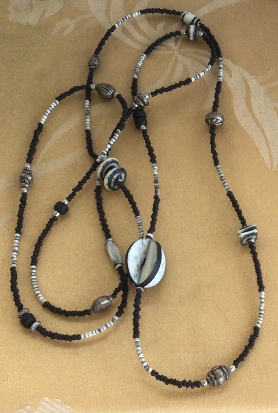 Dark Brown, Black, Gray Beaded Necklace, Wood, Hor