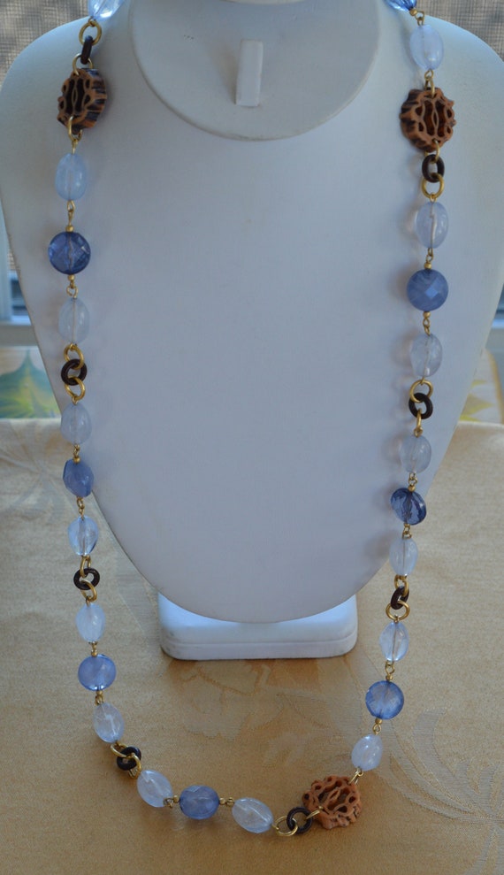 Blue, Brown Plastic Beaded Necklace, Vintage, 32"-