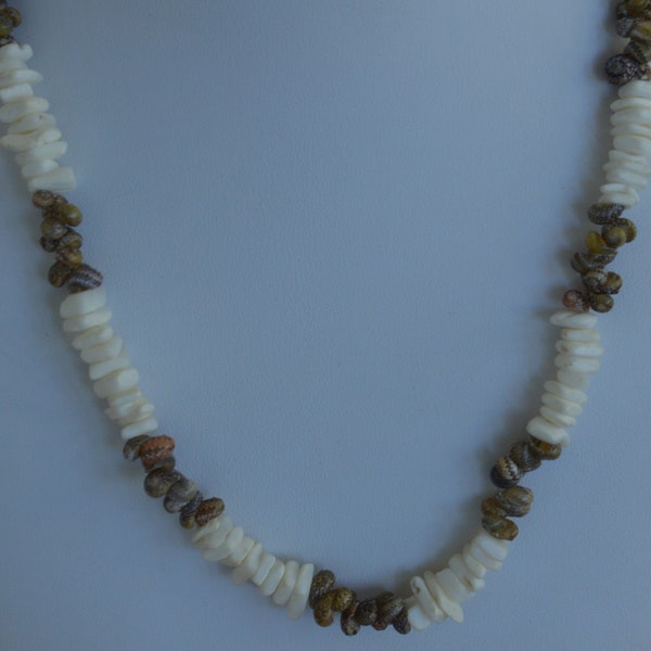White Puka Bead, Brown Snail Shell Necklace, Summer, Beach, Vintage, 20" (AO15)