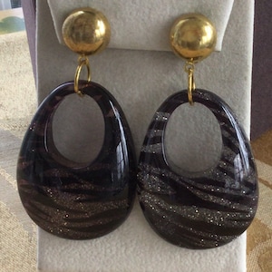 Copper, Silver, Black Zebra Plastic Hoop Clip Earrings, Gold tone, Vintage (AQ12)
