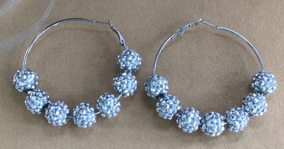 Silver tone Stud Ball Hoop Earrings, Vintage, Lar… - image 1