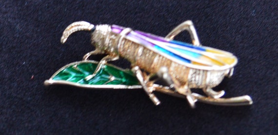 Multi-colored Enamel Grasshopper Pin, Brooch, Gol… - image 3