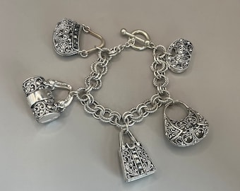 Marcasite, Silver tone Handbag Charm Bracelet, 8”, Vintage (M16)