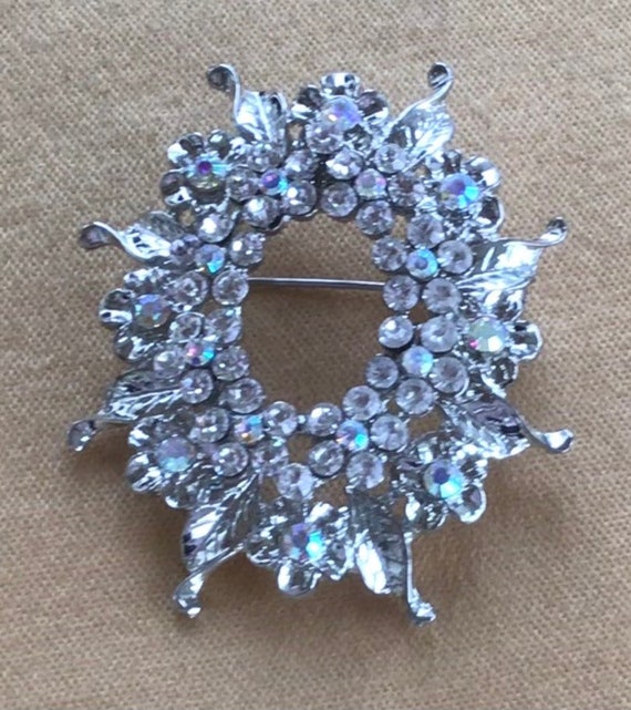 Clear Aurora Borealis Rhinestone Floral Brooch, P… - image 2