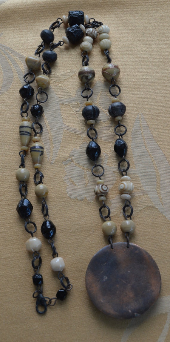 Black, Beige Copper Pendant, Beaded Necklace, Vin… - image 3