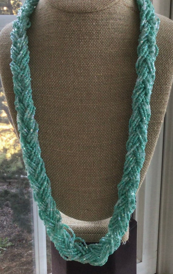 Pastel Blue Glass Seed Bead Woven Necklace, Vintag