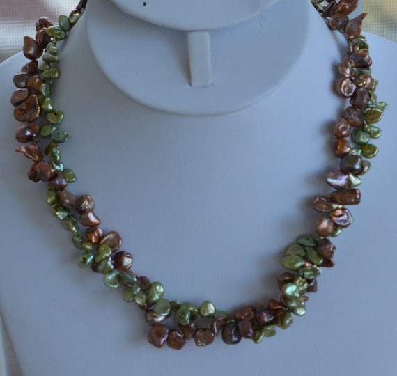 Peridot Green, Brown Freshwater Pearl Necklace, V… - image 1