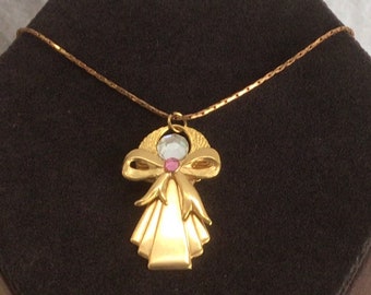Roze, Heldere Crystal Angel Hanger Ketting, Gouden toon, 18", Vintage, "Angel Whispers" (M12)