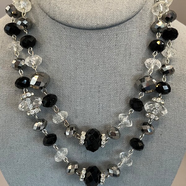 TRIFARI Black, Clear, Metallic Silver Crystal Beaded, Multi-strand Necklace,  16”-17-1/2”, Vintage