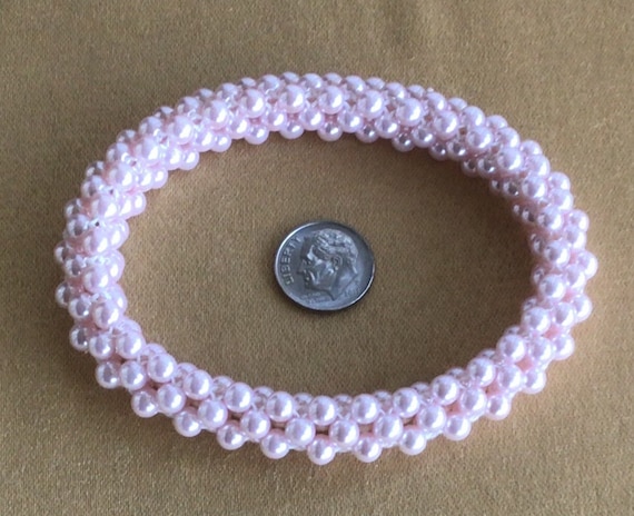 Soft Pink Faux Pearl Woven Bracelet, Vintage (U8) - image 3