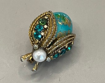 Aqua Blue Rhinestone, Faux Pearl Ladybug Pin, Vintage (M2)