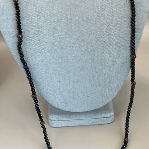 Black 4mm Faux Onyx, Faux Crystal, Brown Glass Beaded Necklace, 35”, Vintage (V11)