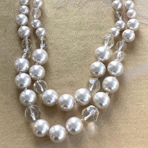 Off White, Clear Crystal Double Strand Glass Pearl Necklace, 17”