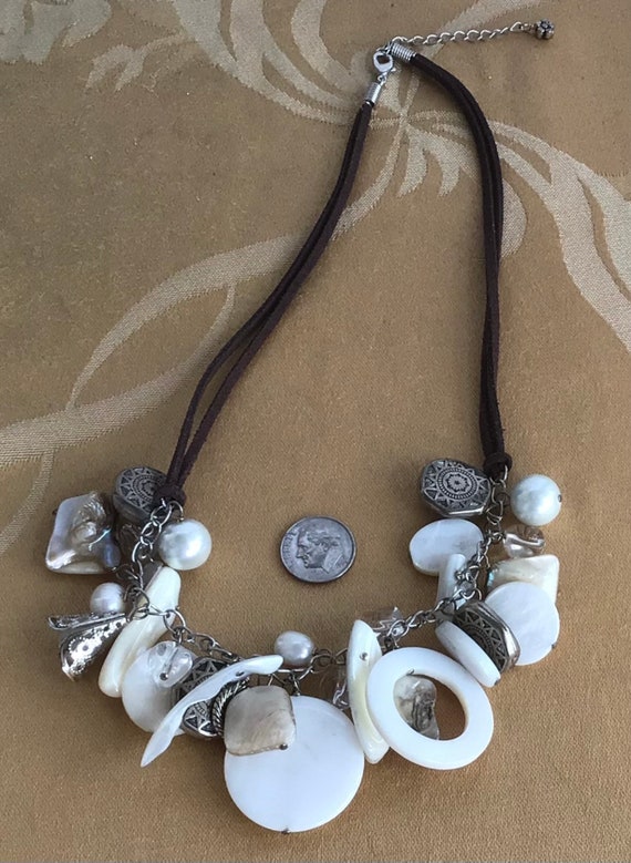 White Mother of Pearl Shell, Silver tone Charm Ne… - image 4