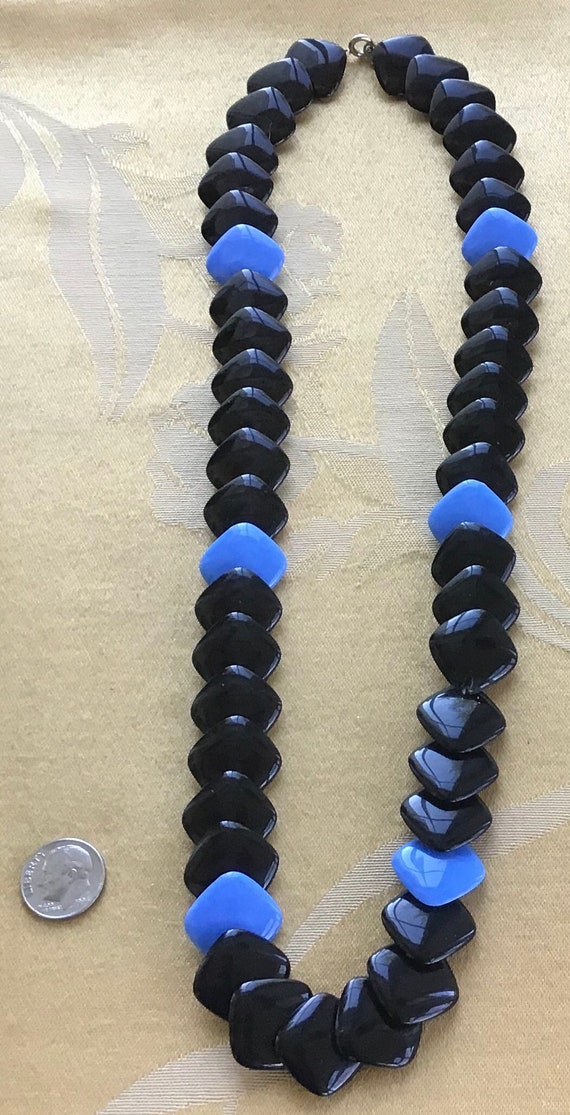 Black, Blue Plastic Beaded Necklace, Vintage, 24” - image 3