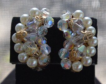 CLIP EARRINGS Faux Pearl, Crystal Clip Earrings, Gold tone, Vintage, Wedding (F2)