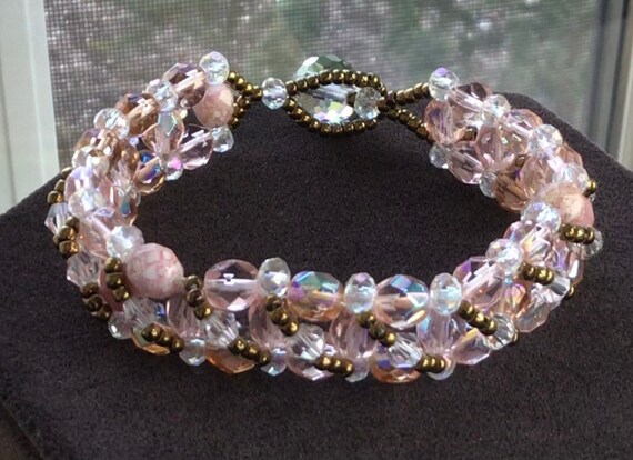 Pink, Clear Crystal, Rhodonite Woven Beaded Brace… - image 3
