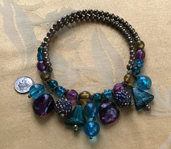 Aqua Blue, Purple, Olive Green Glass Beaded Choke… - image 2