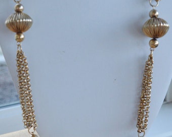 Bonita cadena vintage oro tono multi-hebra, collar de cuentas acanalada, 32" (F14)