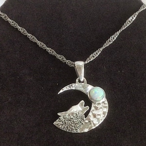 Sterling Wolf, Crescent Moon, Lab created Opal Pendant Necklace, 16”, Sterling, (AP1)