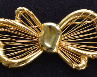 Gold-Ton große Schleife Brosche, Pin, Vintage (D3TB)