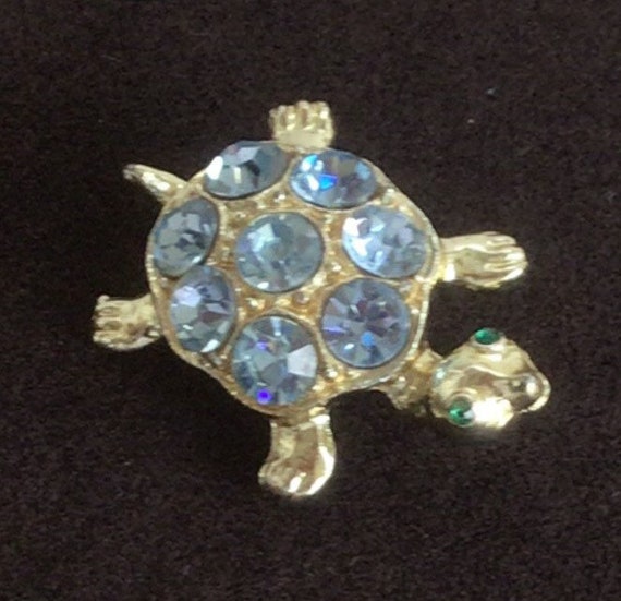 Light Blue Rhinestone Turtle Pin, Brooch, Green E… - image 2