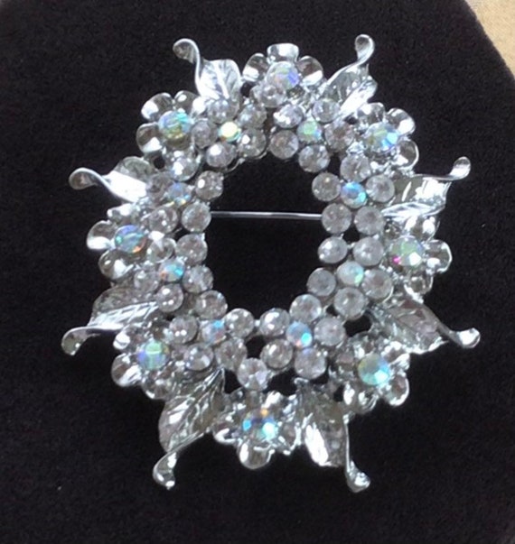 Clear Aurora Borealis Rhinestone Floral Brooch, Pi