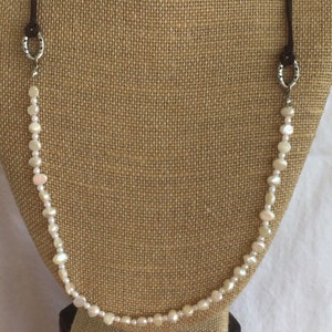 White Freshwater Pearl, Brown Suede Cord Necklace, Silver tone, 26”, Vintage (AF1)