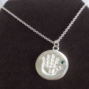 Silver tone. Child’s Handprint, May, Emerald Crystal, 18”, New Old Stock (G16)
