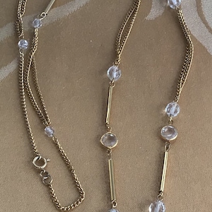 Clear Crystal, Gold tone Chain Necklace, Vintage, 32” (AQ2)