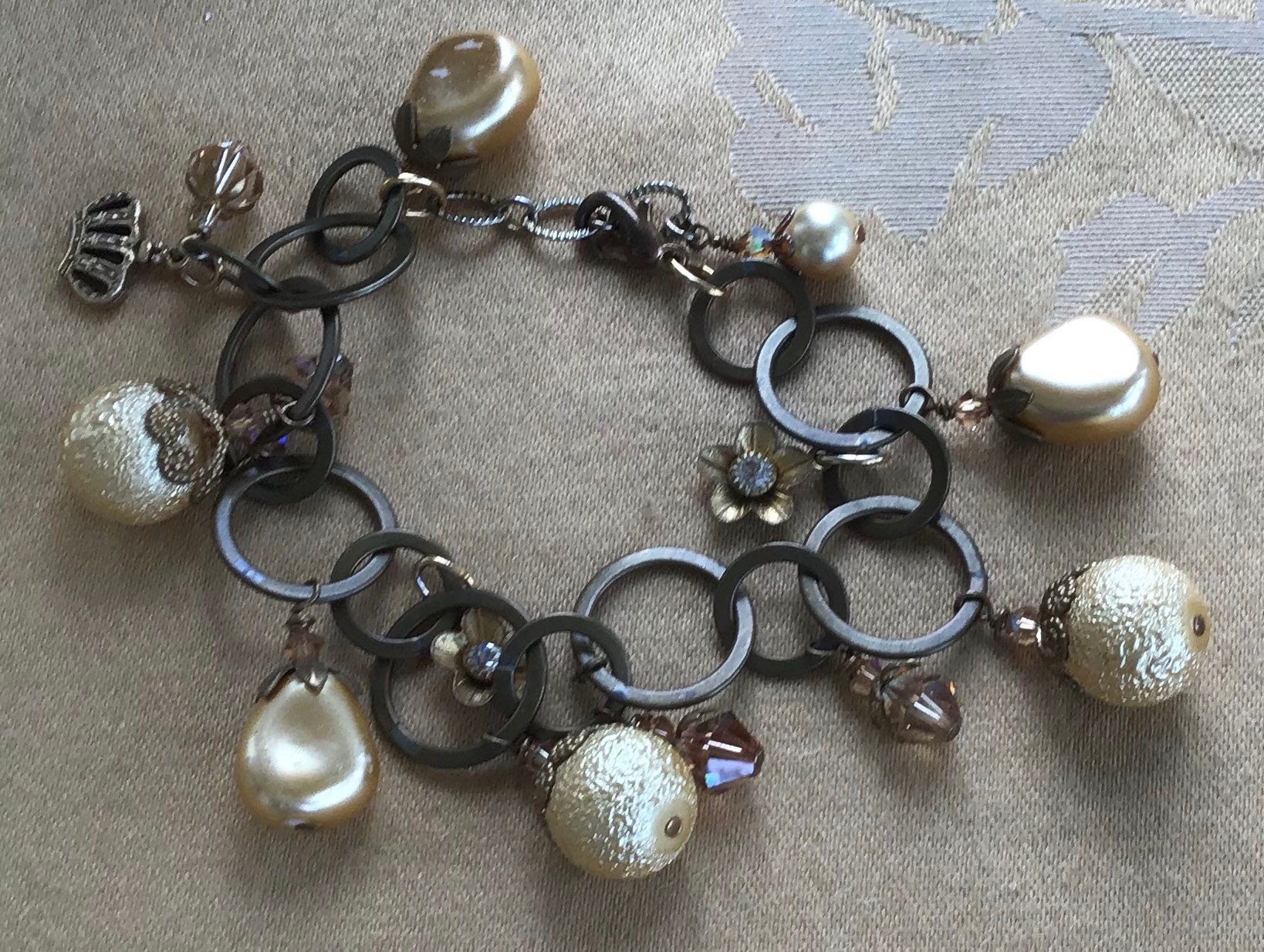 Gold Faux Pearl, Beaded, Crystal Charm Bracelet, Brass Tone