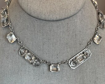 Art Deco Czech Crystal Necklace, Silver tone, Vintage, 16” (M1)