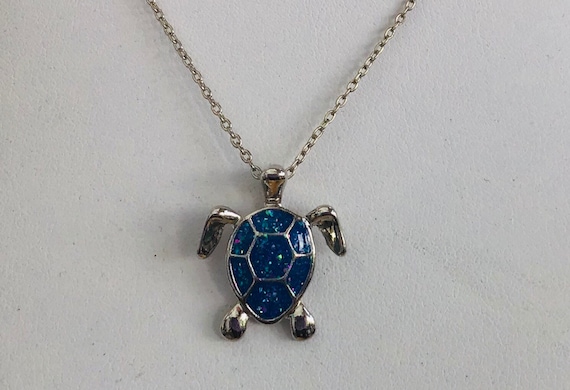 Faux Australian Opal Turtle Pendant Necklace, 16”… - image 1