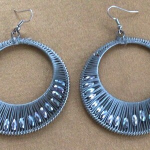 PIERCED EARRINGS Large Gray, Silver Beaded, Thread Hoop Pierced Earrings, Vintage (S8)