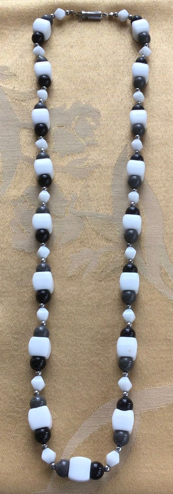 White, Black, Gray Glass Beaded Necklace, Silver … - image 3