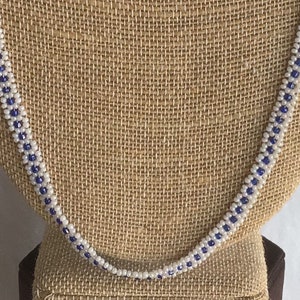 Blue, White Floral Glass Seed Bead Necklace, Vintage, 26” (D15)