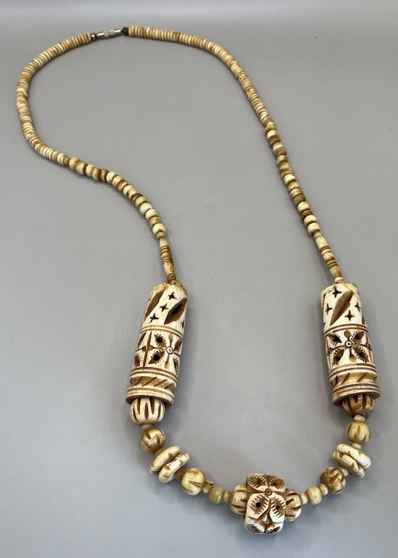 Carved Bone Necklace, Tribal, Vintage, 28”