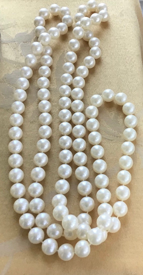 White 11mm Faux Pearl Necklace, Long, Vintage, 56” - image 2