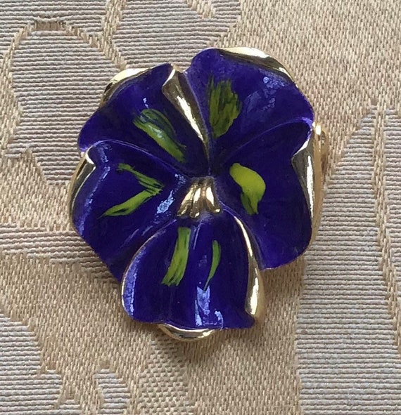 Purple, Yellow Floral Pansy Brooch, Pin, Gold ton… - image 2