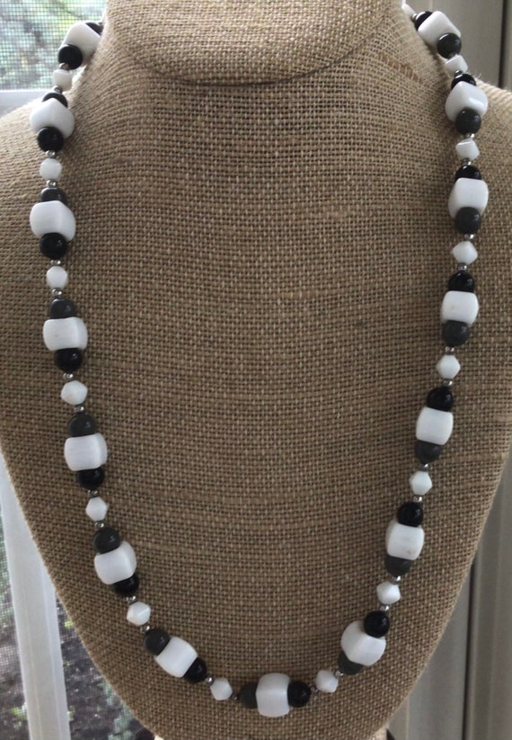 White, Black, Gray Glass Beaded Necklace, Silver … - image 1
