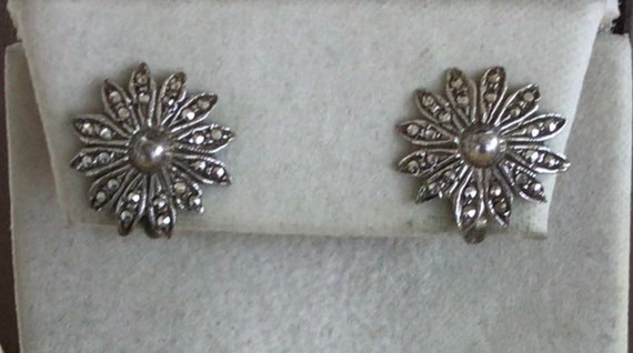 Sterling Marcasite Floral Screw back Earrings, Vi… - image 1