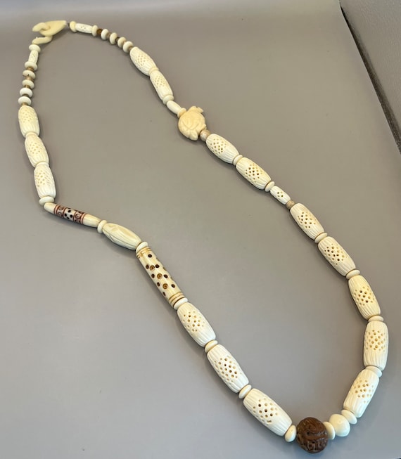 Bone, Wooden Carved Beaded Necklace, 30”, Vintage