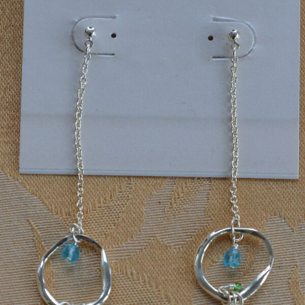 Delicate Blue, Green Crystal Long Dangle Pierced Earrings, Silver tone, "Daisy Fuentes" (O10)