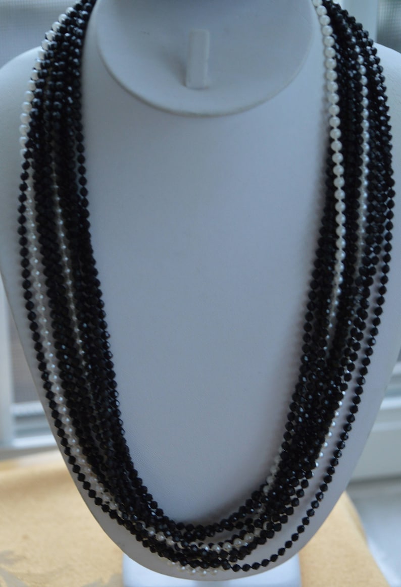 Faux Pearl Beaded Multi-Strand Necklace 50 M14 Black Faceted Vintage